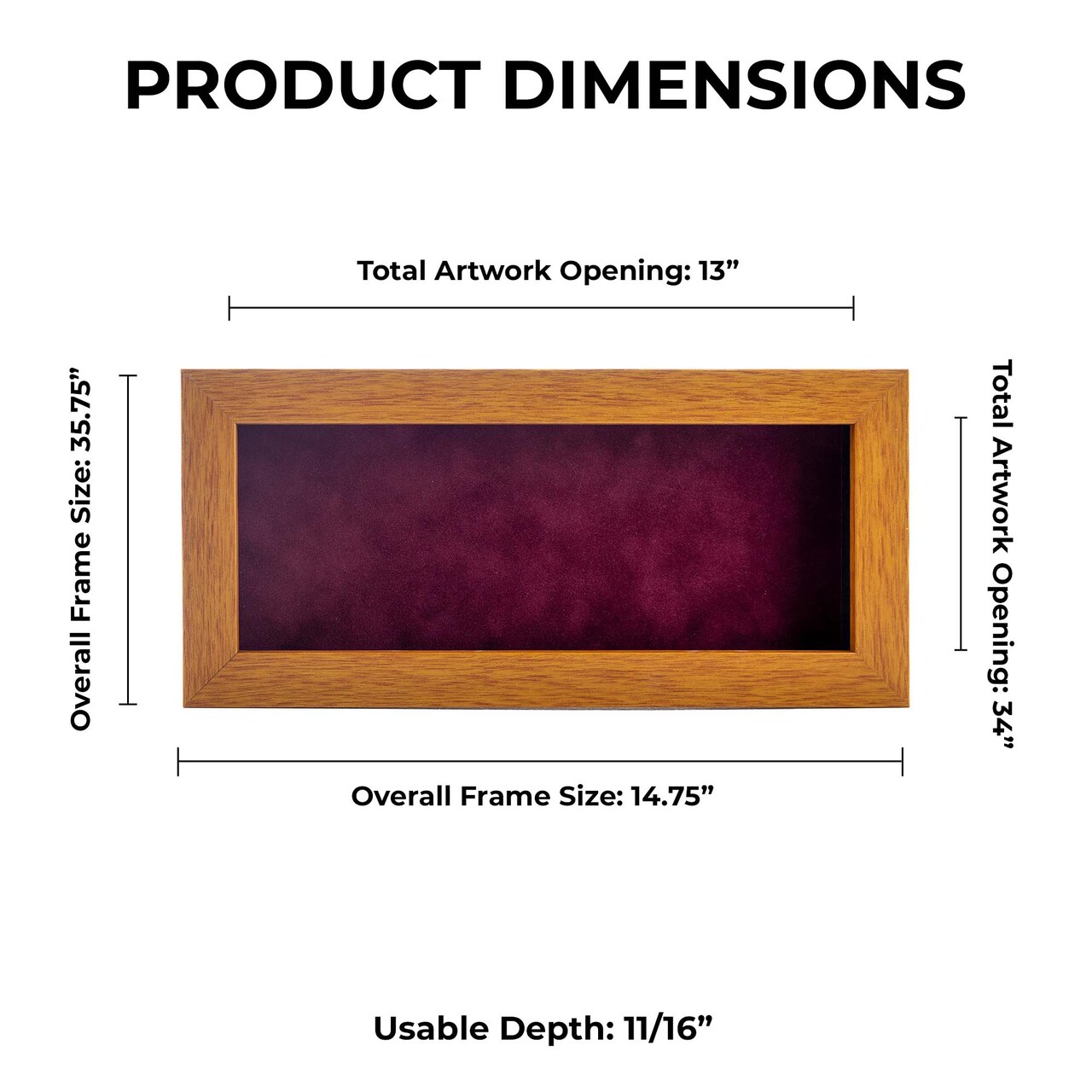 Warm Honey Brown Wood Shadow Box Frame with Acrylic Front - Dark Red Suede Backing, 30 Sizes